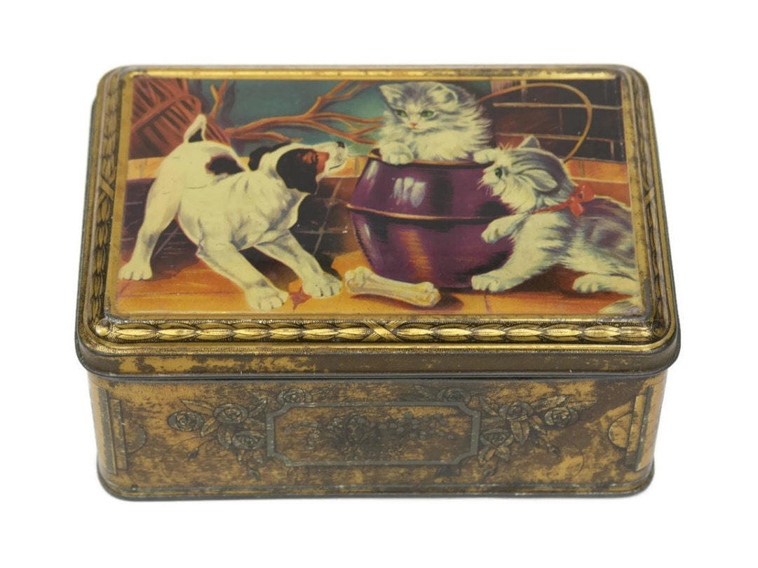 Vintage Candy Tin with Cats and Dog Print. Kitten Art Biscuit Tin.