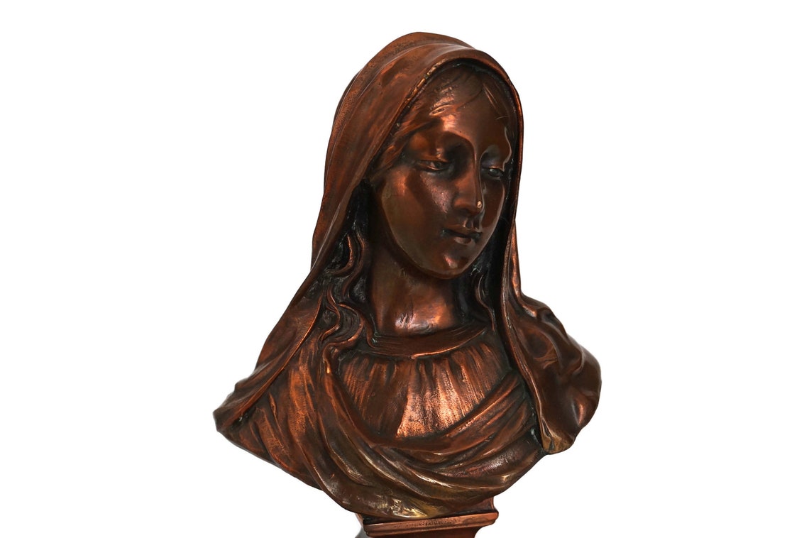 Virgin Mary Bust Statue on Marble Base French Catholic Saint image 2