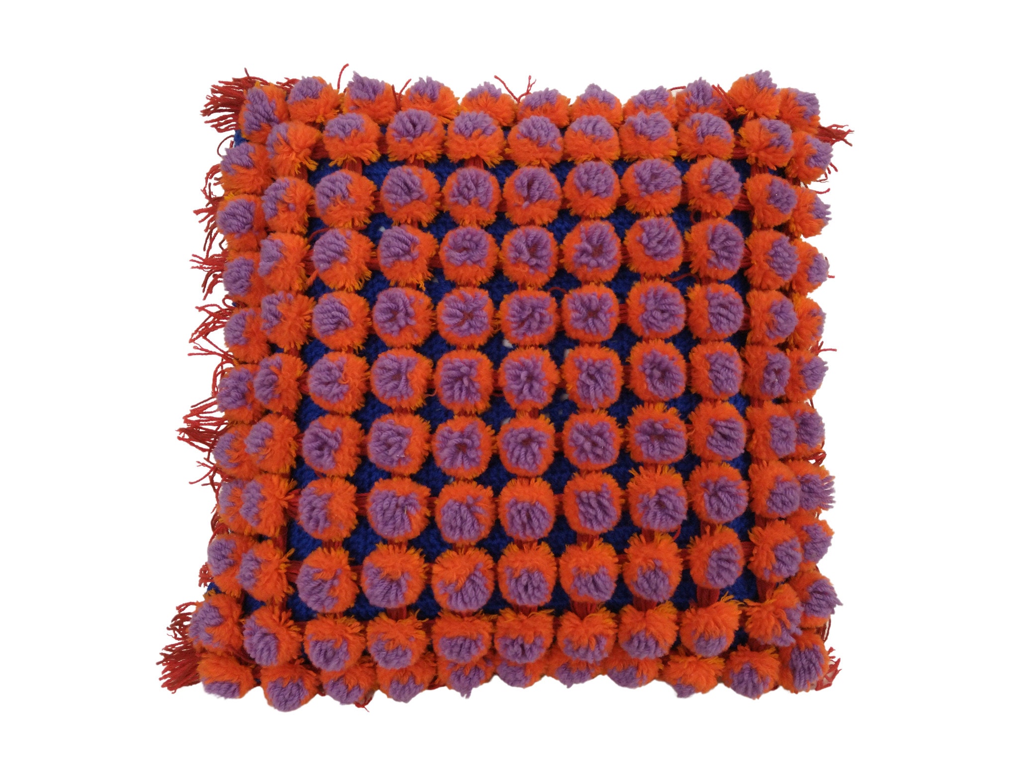 Housse d'oreiller Au Crochet Des Années 1970 avec Pompons Orange et Coussin en Mousse