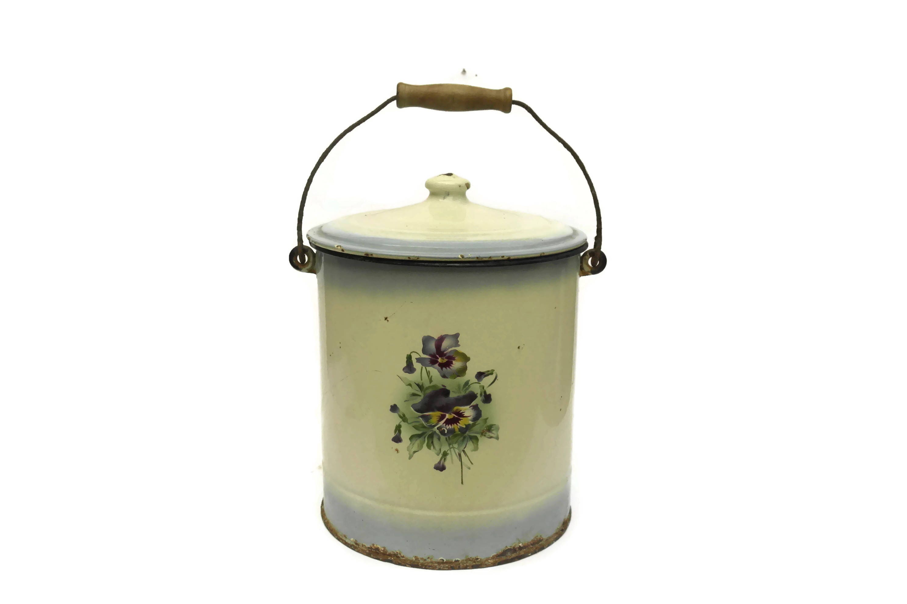 RESERVED for G. Shabby French Enamel Bucket With Lid. White and Blue
