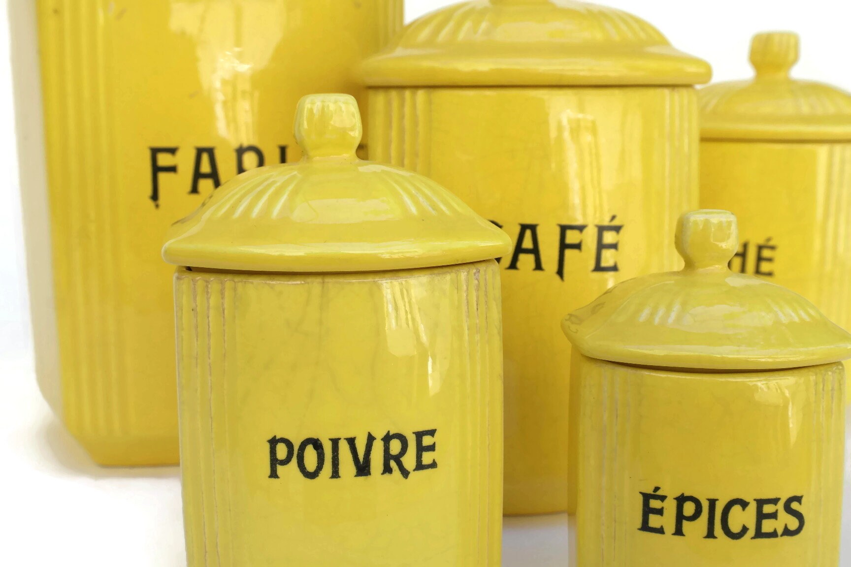 Vintage French Yellow Kitchen Canister Set.