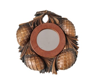 Black Forest Carved Wood Pinecone Mirror, Vintage Woodland Home Decor, Small Round Wall Hanging Mirror