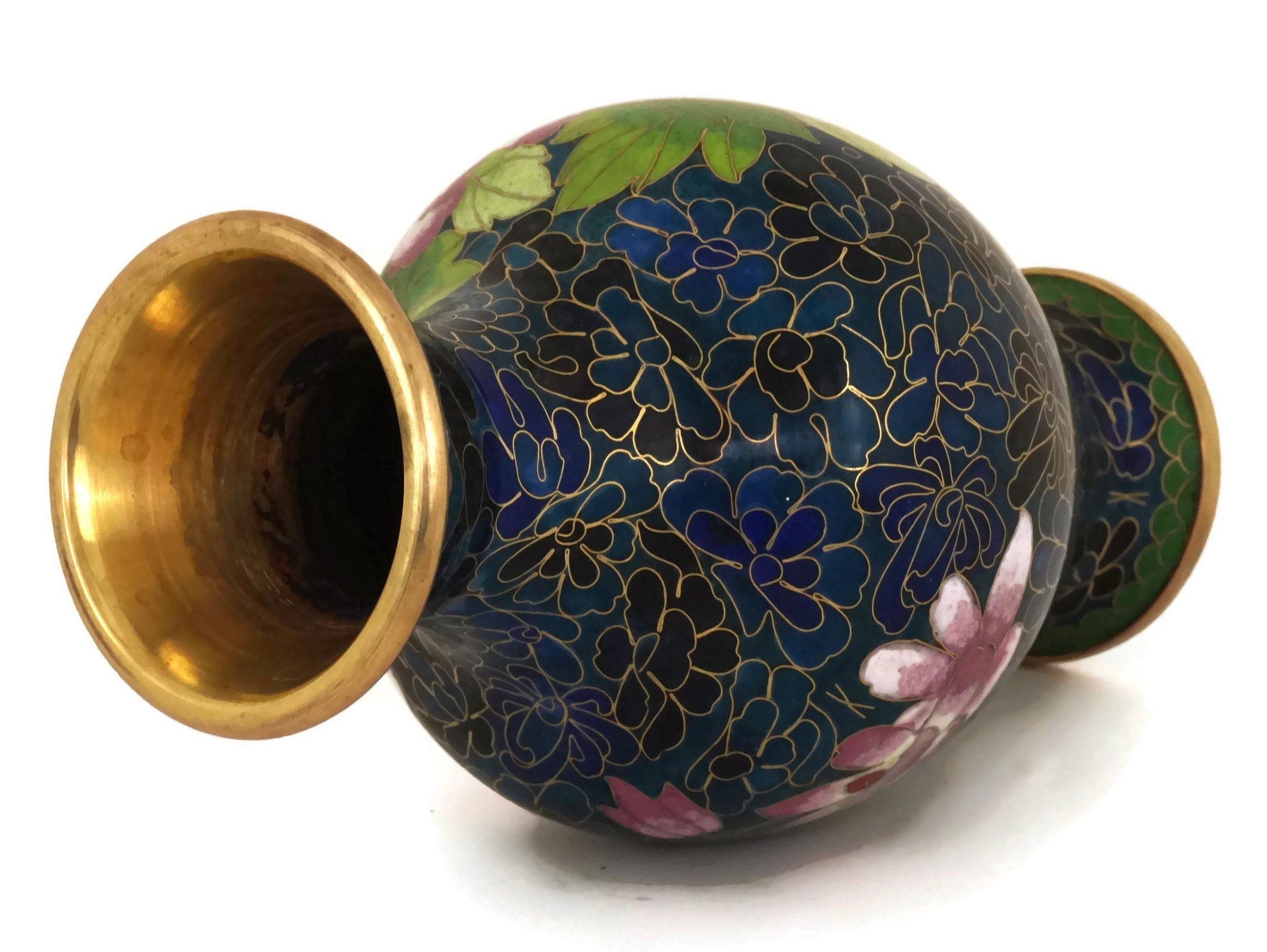 Vintage Cloisonne Vase with Peonies, Turquoise Blue Enamel and Brass