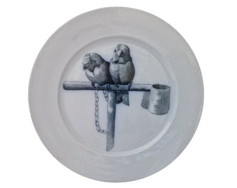 Victorian Parakeet Blue Transferware Plate, Canova from BWM Earthenware, Ornithology Decor