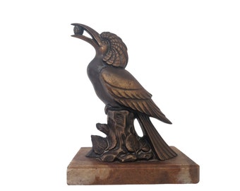 Art Deco Hoopoe Figurine on Marble Base, Metal Exotic Bird Statuette