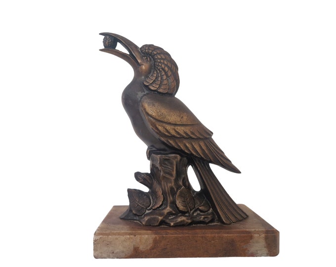 Art Deco Hoopoe Figurine on Marble Base, Metal Exotic Bird Statuette