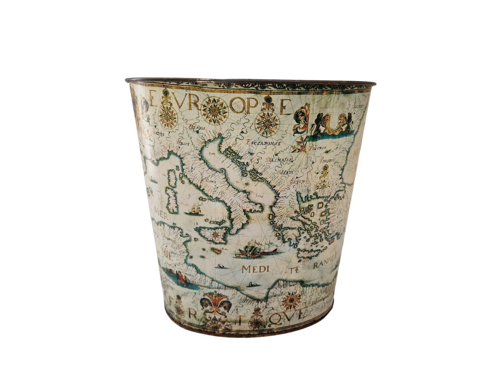 Vintage French Tole Waste Basket with Antique Style Map of Europe by