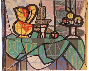 Cubist Tapestry Still Life Painting after Pablo Picasso, 1970s French Hand Made Embroidered Needlework