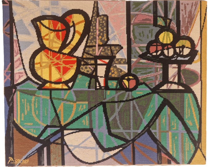Cubist Tapestry Still Life Painting after Pablo Picasso, 1970s French Hand Made Embroidered Needlework