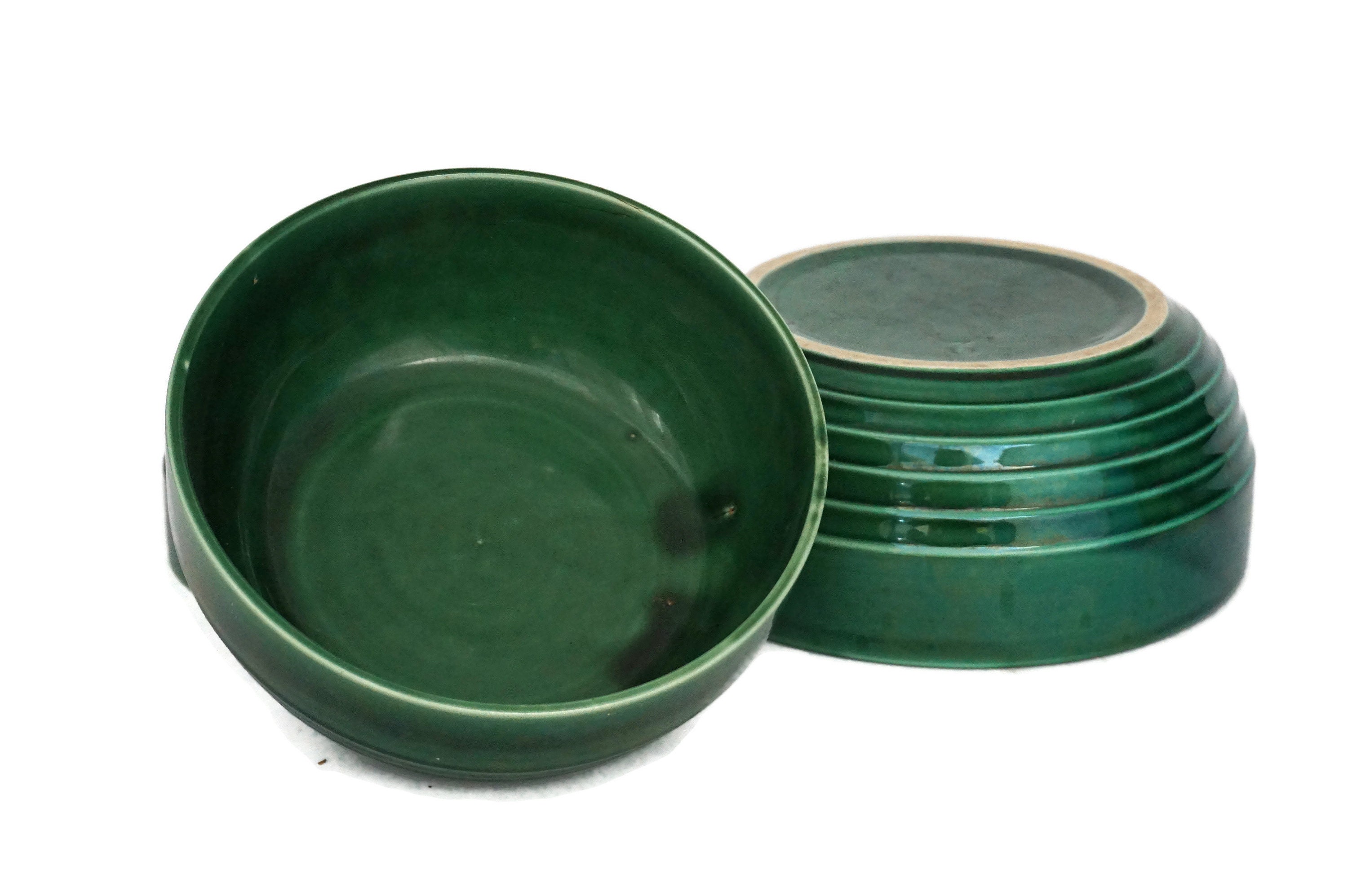 Green Ceramic Nesting Mixing Bowl Set, Vintage French Majolica Pottery