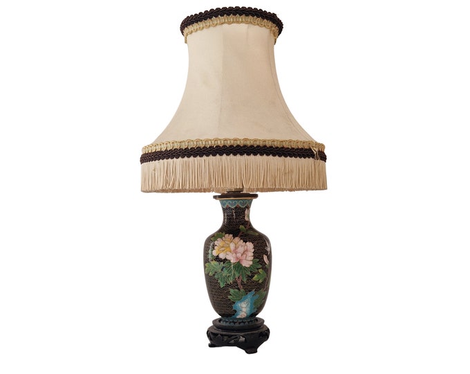 Mid Century Chinese Flower Cloisonne  Vase Table Lamp on Carved Wooden Stand, Chinoiserie Home Decor