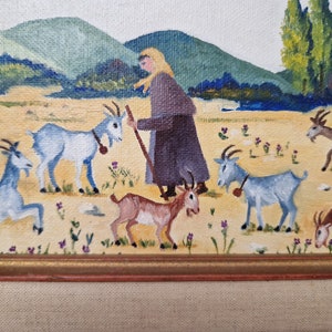 Female Goatherd with Flock of Goats in French Country Landscape Painting, Framed Rustic Farmhouse Art and Wall Decor image 6