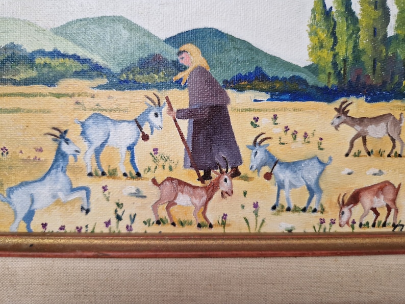 Female Goatherd with Flock of Goats in French Country Landscape Painting, Framed Rustic Farmhouse Art and Wall Decor image 6