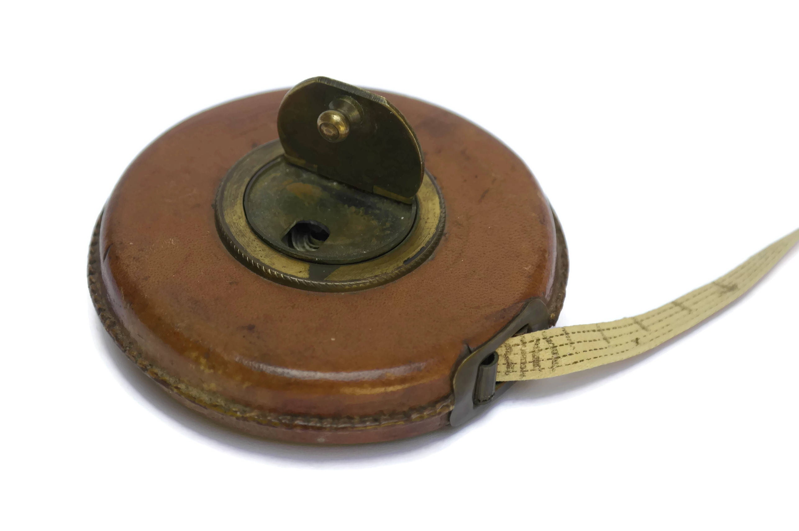 Antique Retractable Metric Tape Measure with Brown Leather Case and