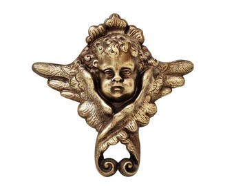 Antique French Bronze Cherub Figurine, 19th Century Winged Putti Angel Face Furniture Ornament