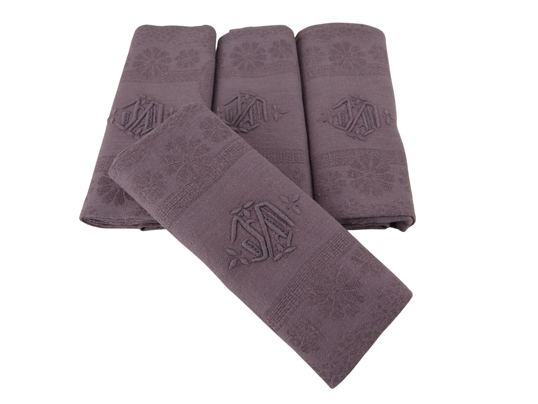 Serviettes en Lin Français Antiques, Ensemble de 4, Serviettes Monogramme Lilas avec Initiales Brodé