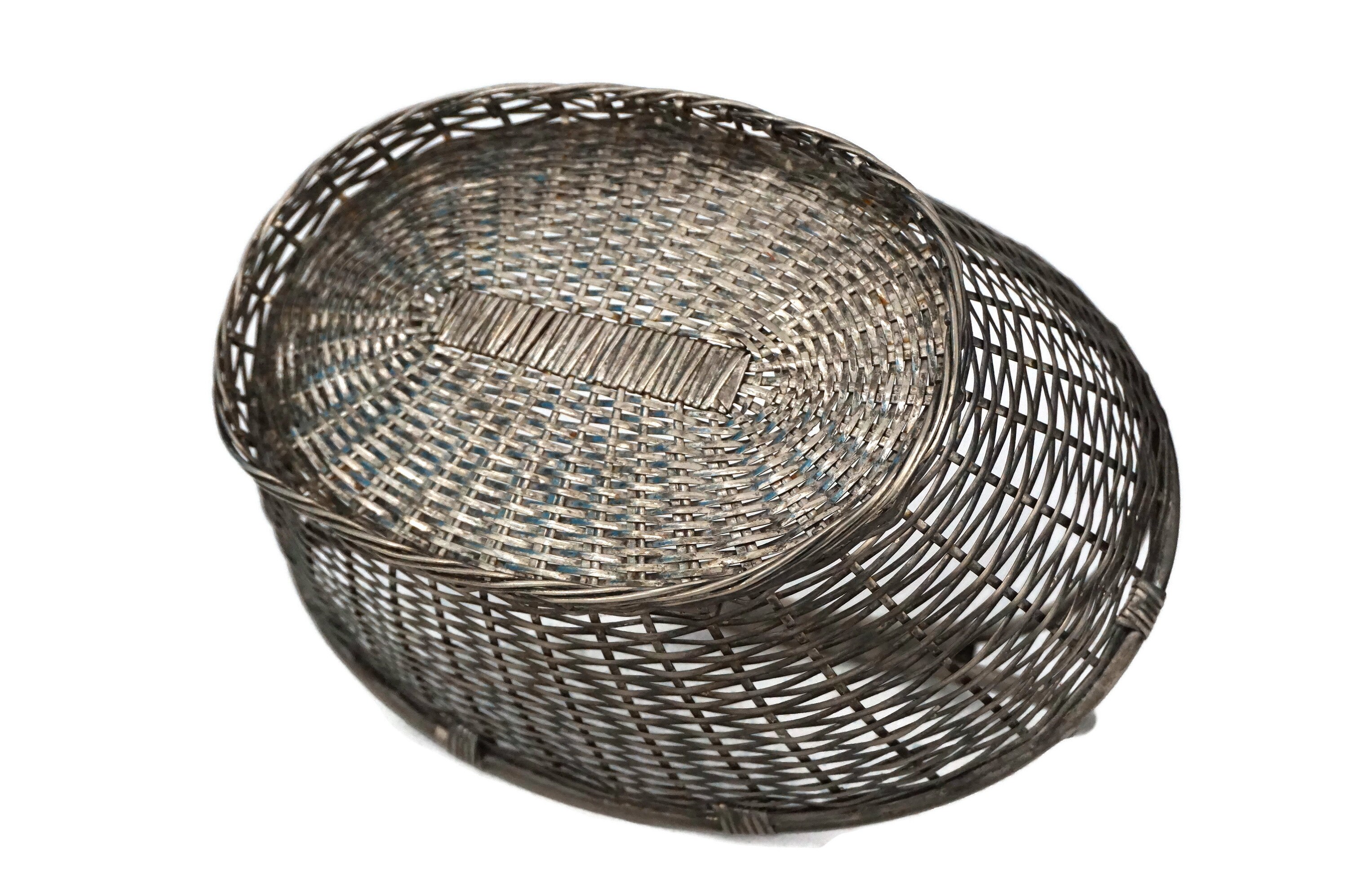 French Metal Bread Basket with Handle, Vintage Tableware