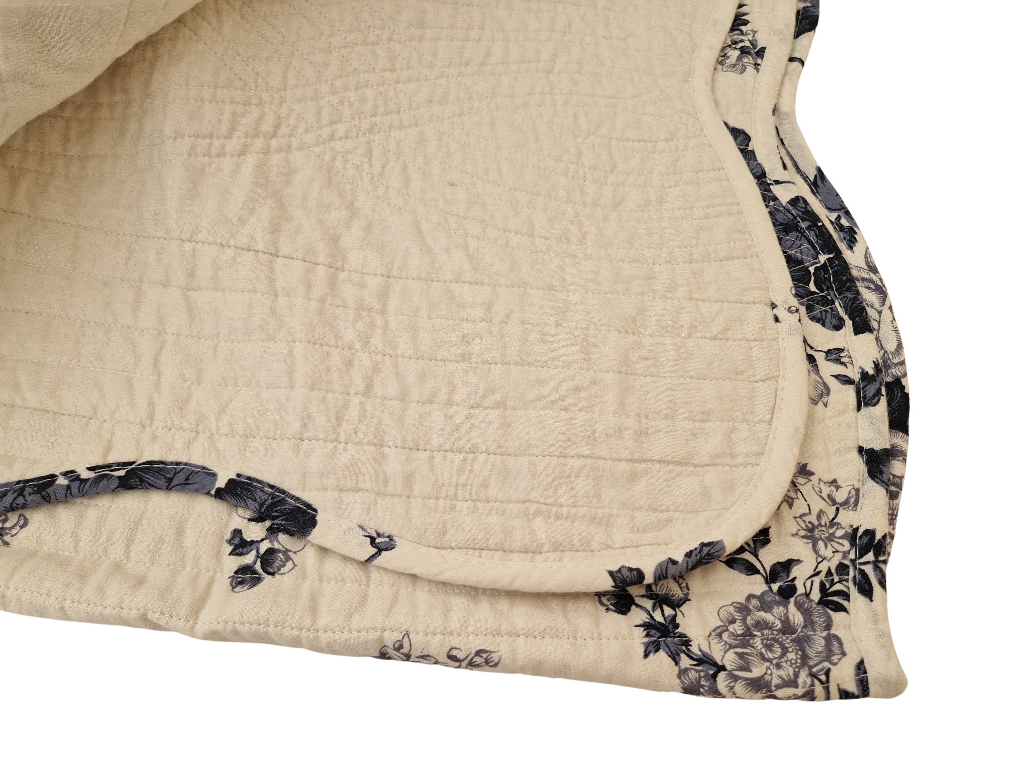 French Bed Quilt with Blue Rose Printed Cotton, Shabby French Chic