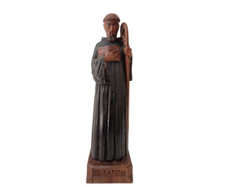 Art Deco Wood Statue of St Benedict of Nursia, Hand Carved French Saint Figurine, Christian Home Decor