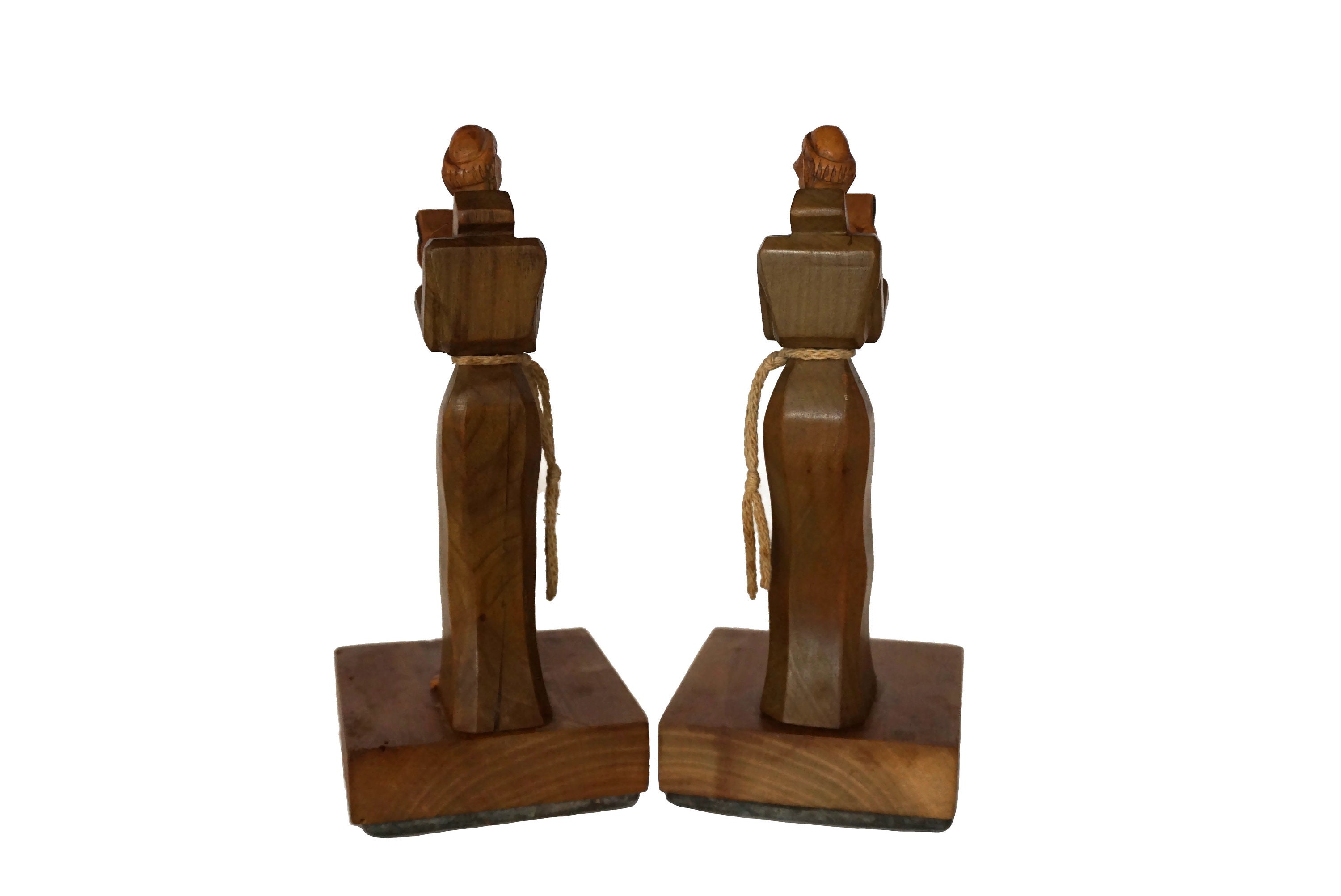 Wooden Monk Figurine Bookends, Carved Wood Art Deco Bookshelf and Desk