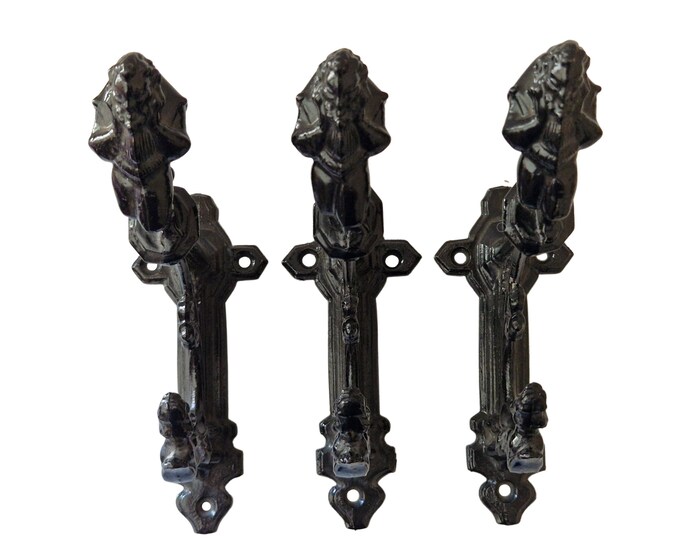 French Cast Iron Coat Hooks with Gargoyle Figures, Set of 3, Gothic Black Enamel Entrance Hall Hat Racks.