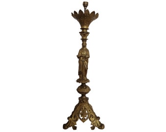 Antique French Church Altar Candlestick Holder Lamp Stand Base with Female Saint Holding Sword, 19th Century Christian Home Decor