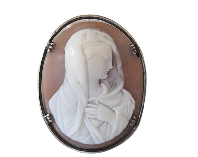Antique Carved Shell Cameo Brooch with Virgin Mary Portrait, French Christian Jewelry