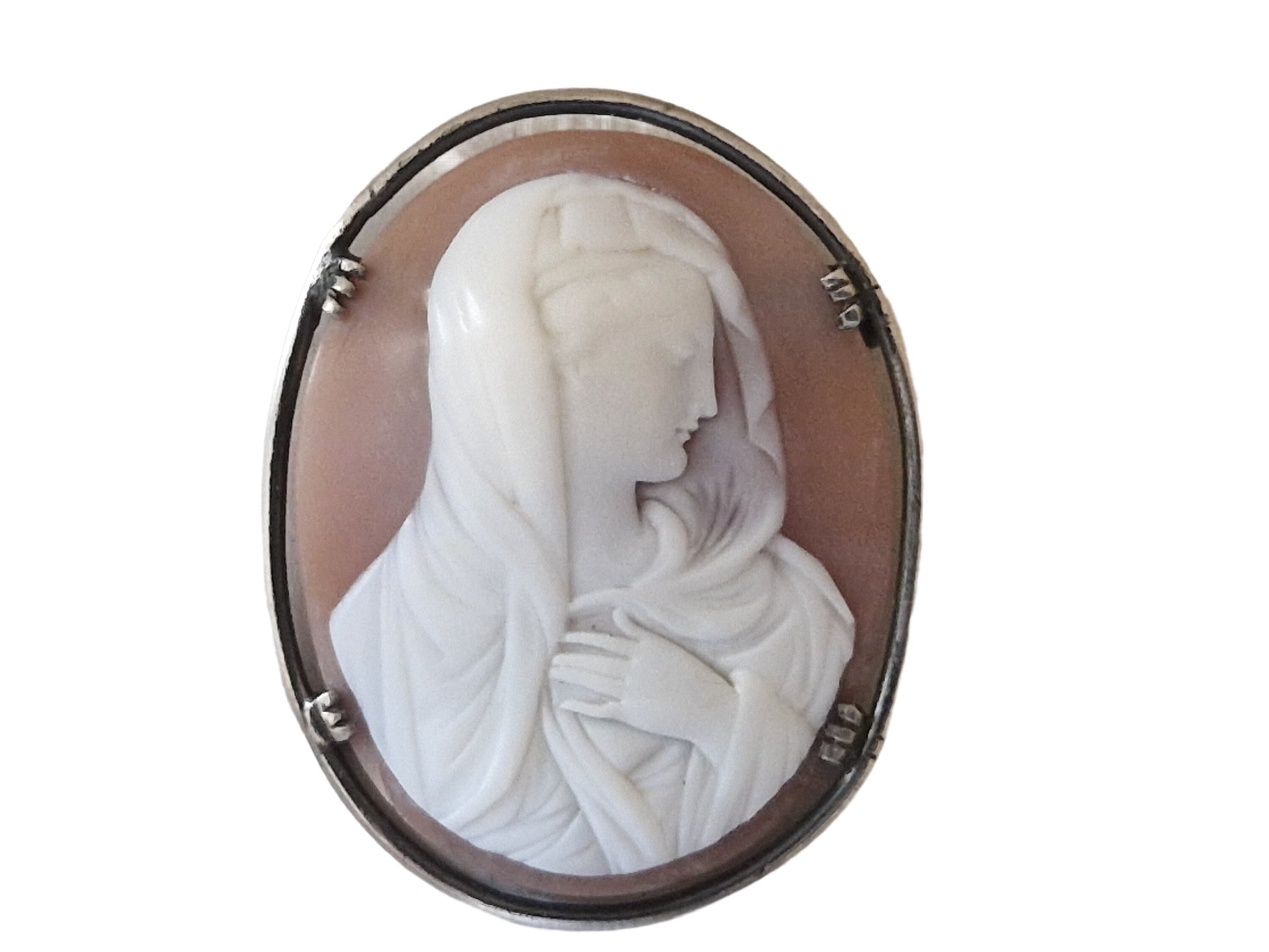 Antique Carved Shell Cameo Brooch with Virgin Mary Portrait, French