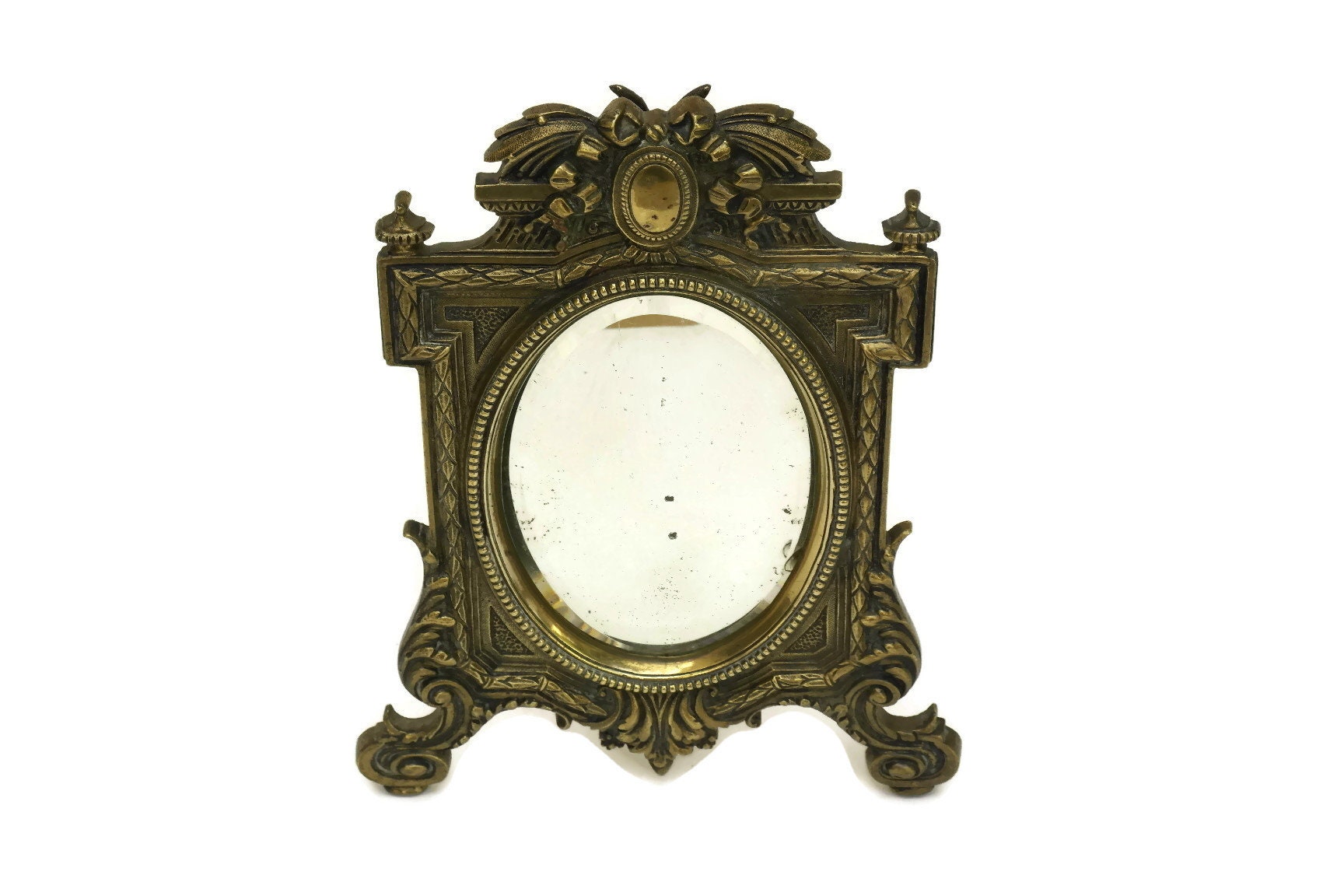 Bronze Standing Mirror with Beveled Glass, Antique French Vanity Makeup