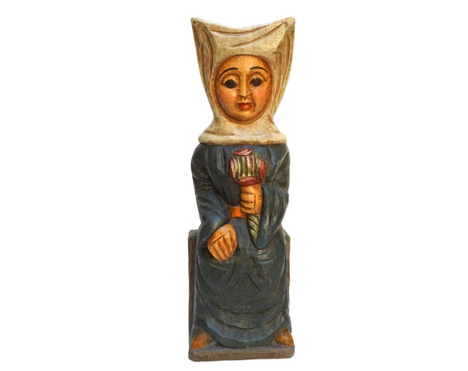 Vintage Medieval Lady Statue, Hand Carved Wooden Sculpture