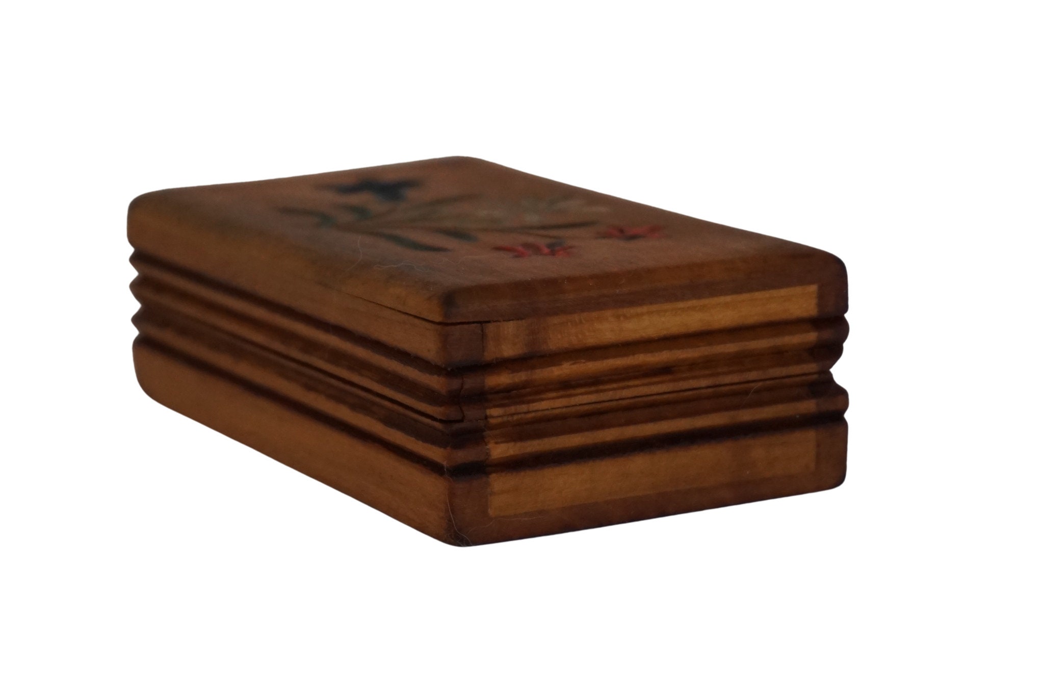 French Hand Painted Stamp Box with Flowers, Antique Carved Wooden Box