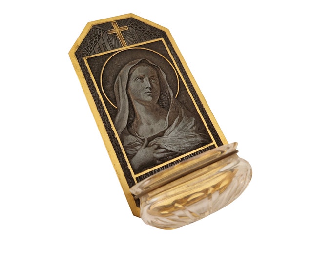 French Antique Holy Water Font with Virgin Mary Portrait by Lorenzo Pasinelli, Art Deco Wall Hanging Stoup