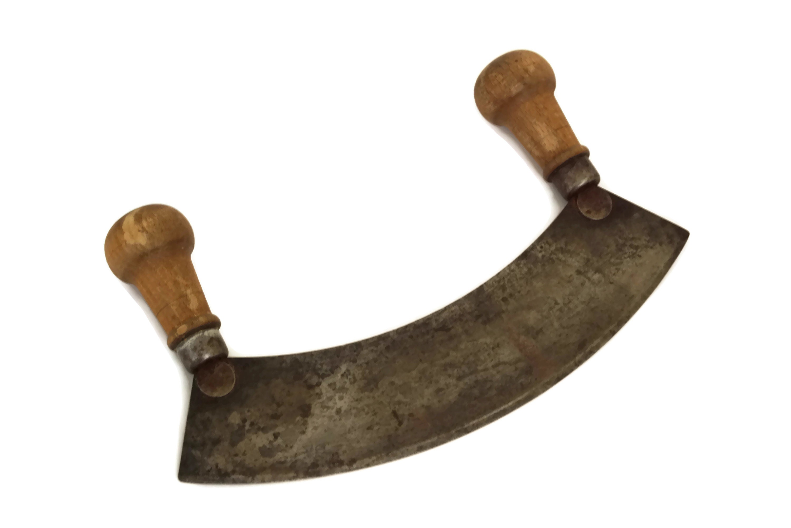 French Vintage Herb Chopper, Mezzaluna Round Knife, Rustic Kitchen