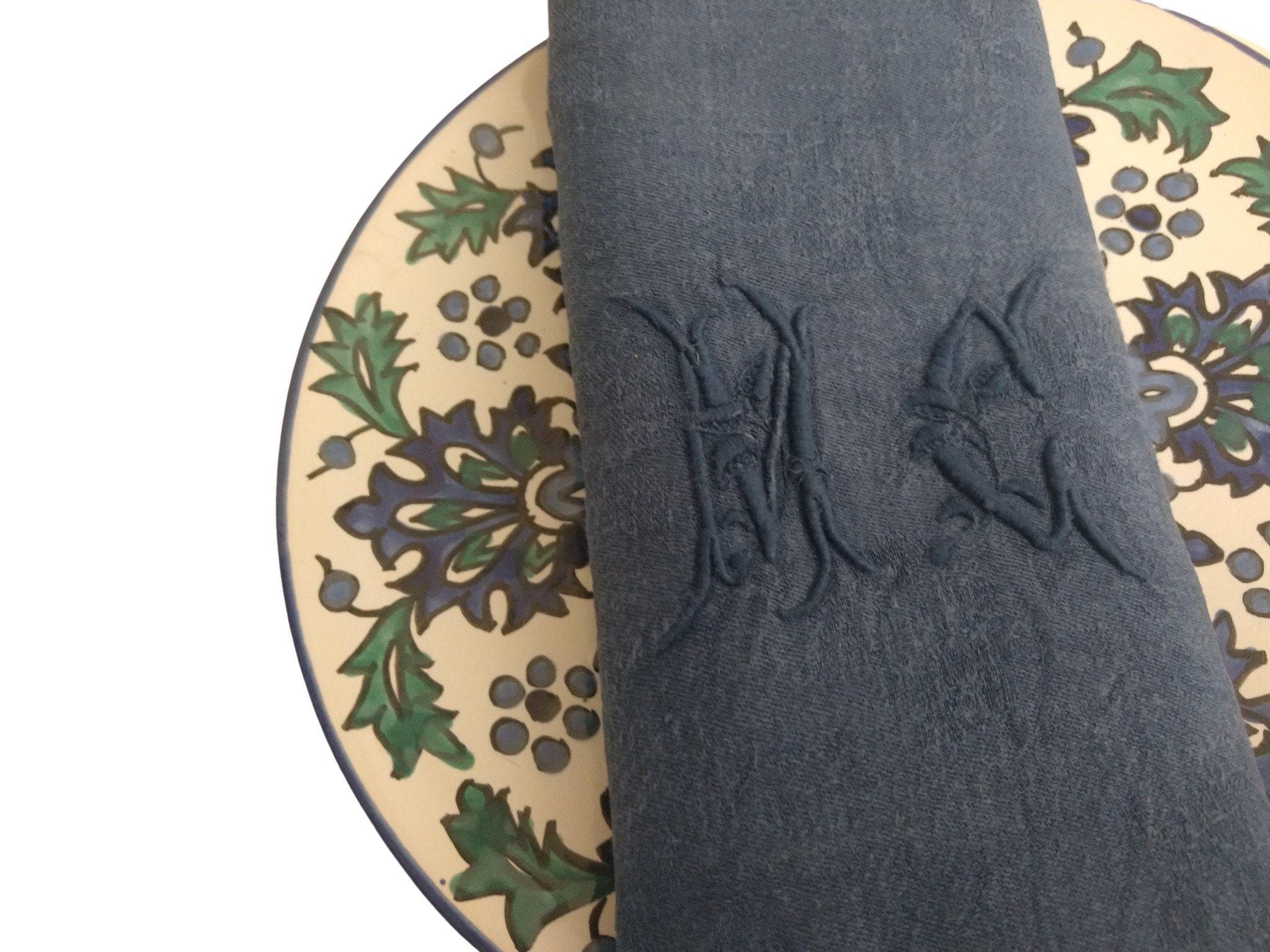 Antique French Linen Napkins, Set of 9, Dark Blue Monogram Serviettes