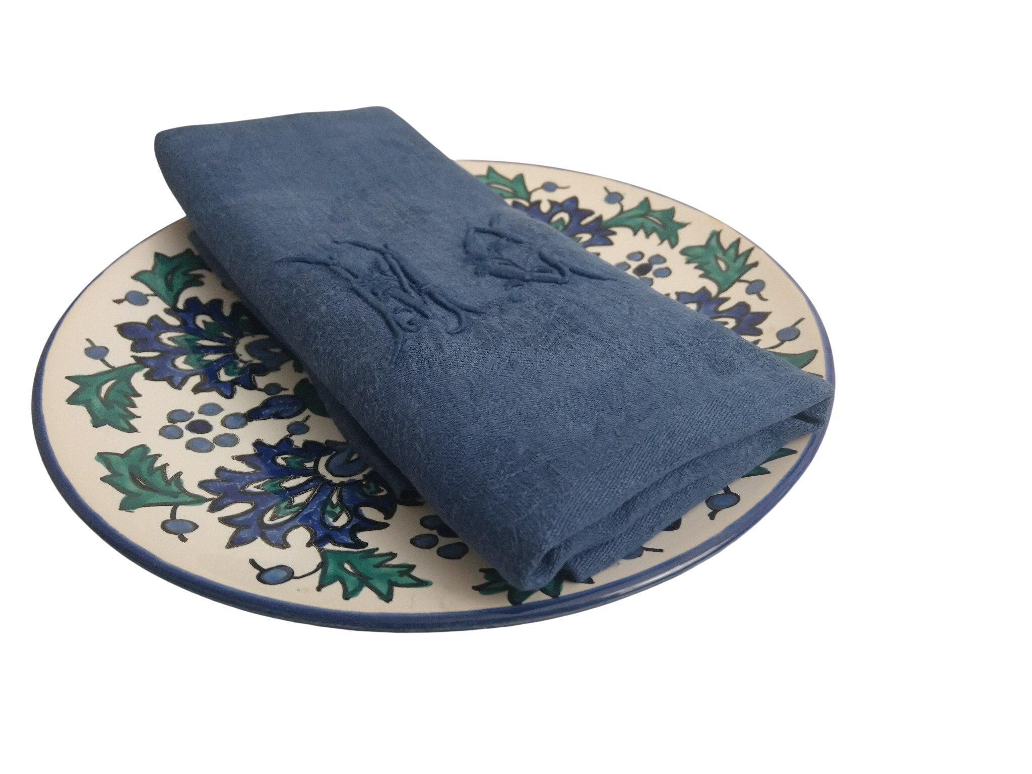 Antique French Linen Napkins, Set of 9, Dark Blue Monogram Serviettes