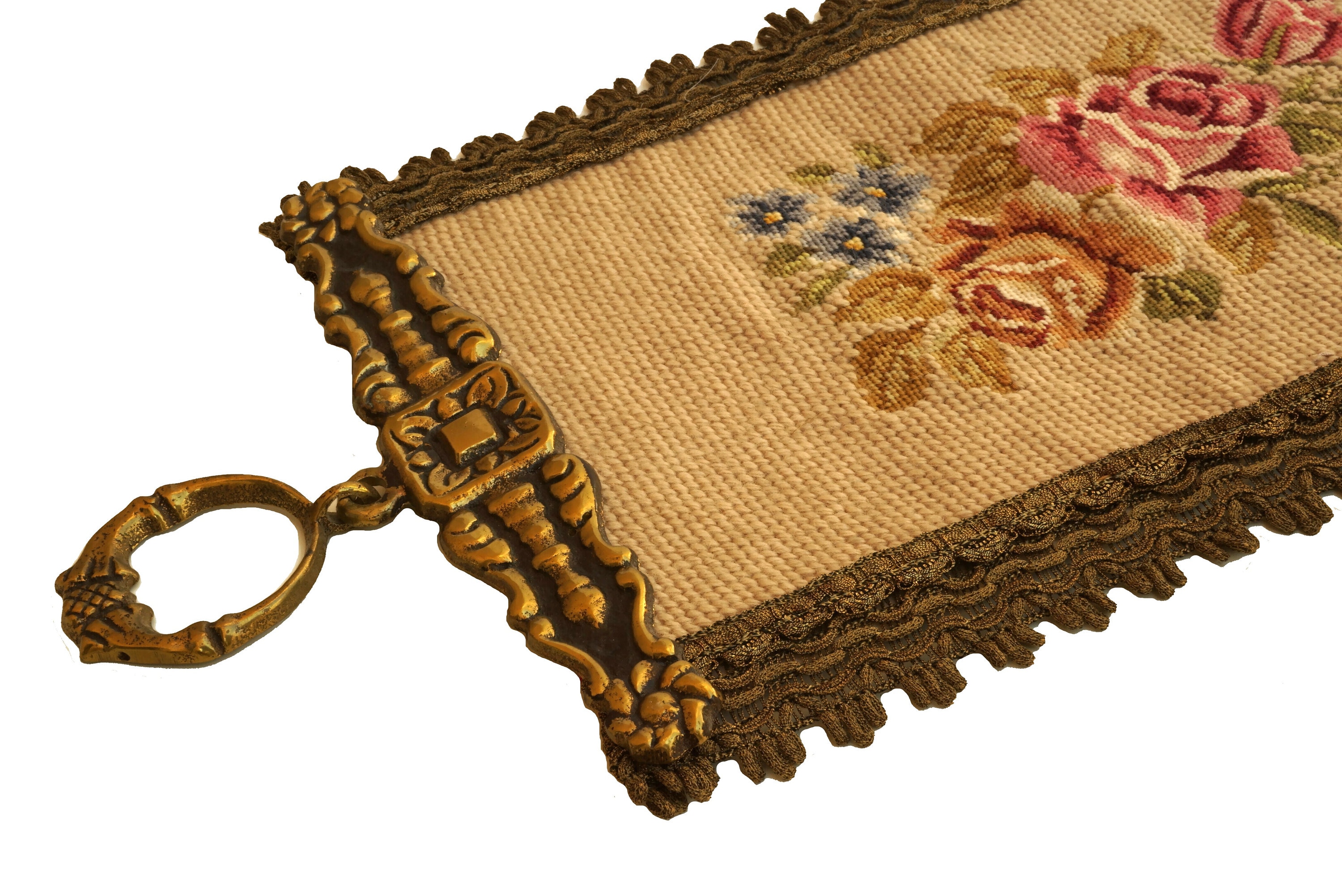 French Rose Tapestry Bell Pull, Vintage Needlework Flower Wall Hanging