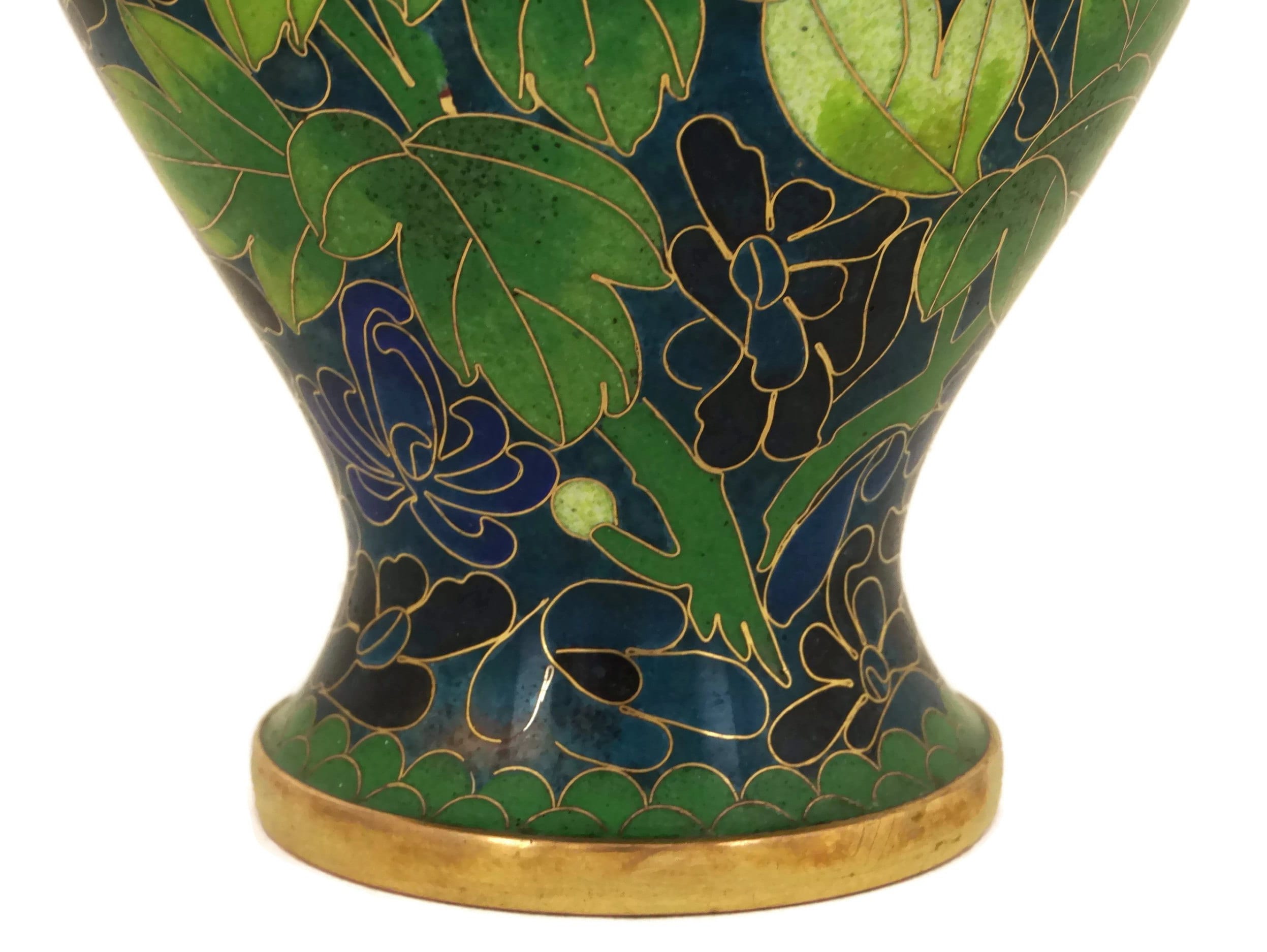 Vintage Cloisonne Vase with Peonies, Turquoise Blue Enamel and Brass
