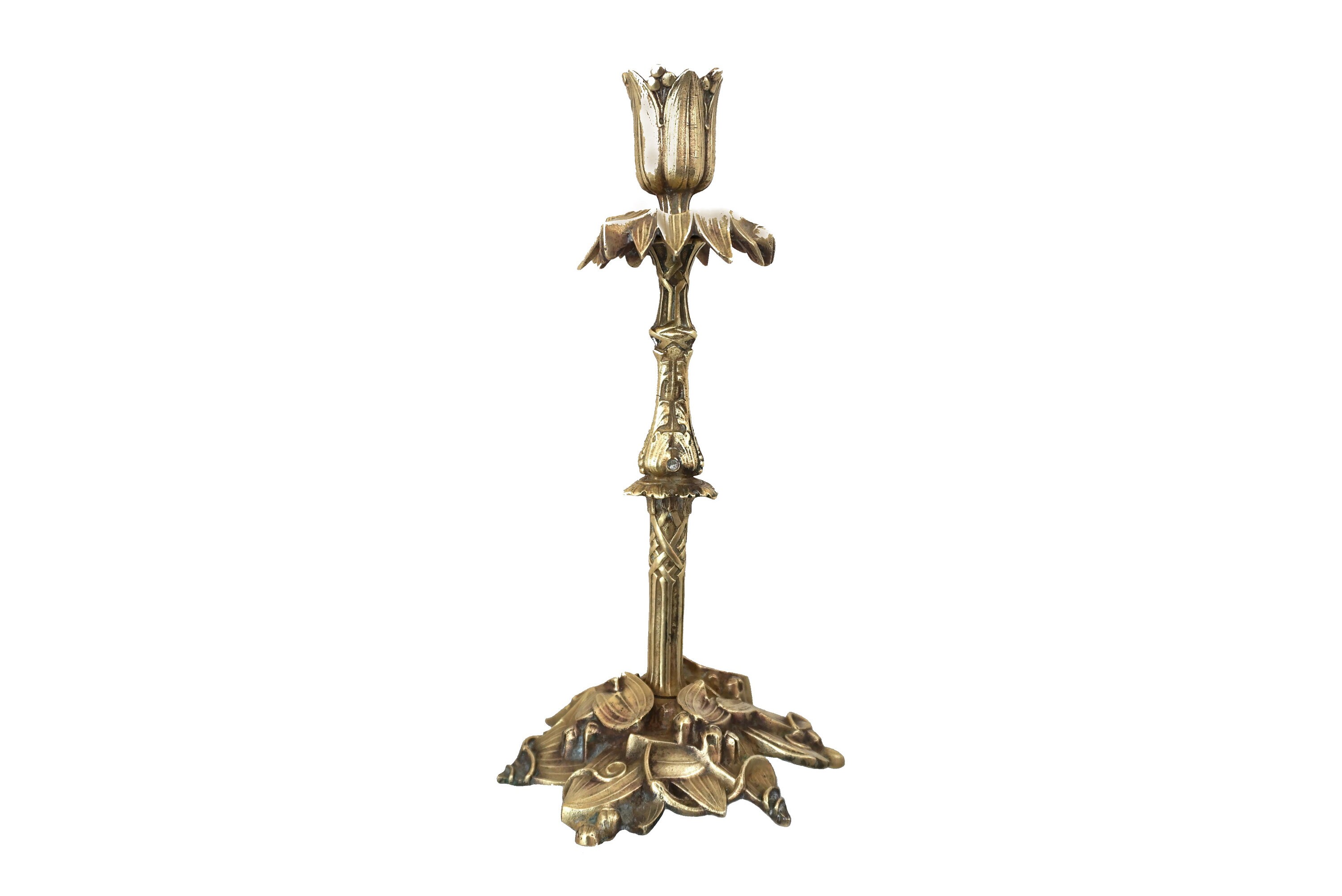 Antique French Bronze Candle Holder with Leaves and Berries, 19th