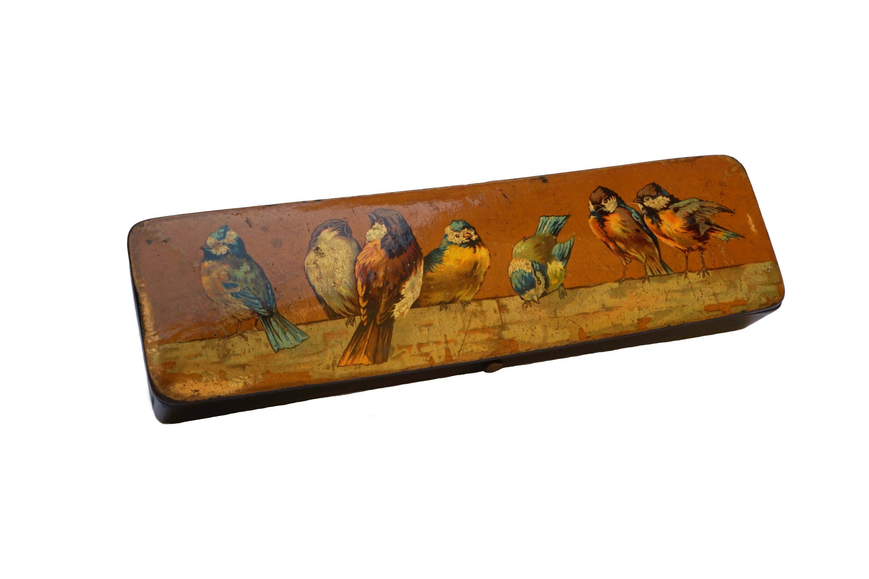 French Antique Pencil Case with Birds Art Print, Black Lacquer Pen Box