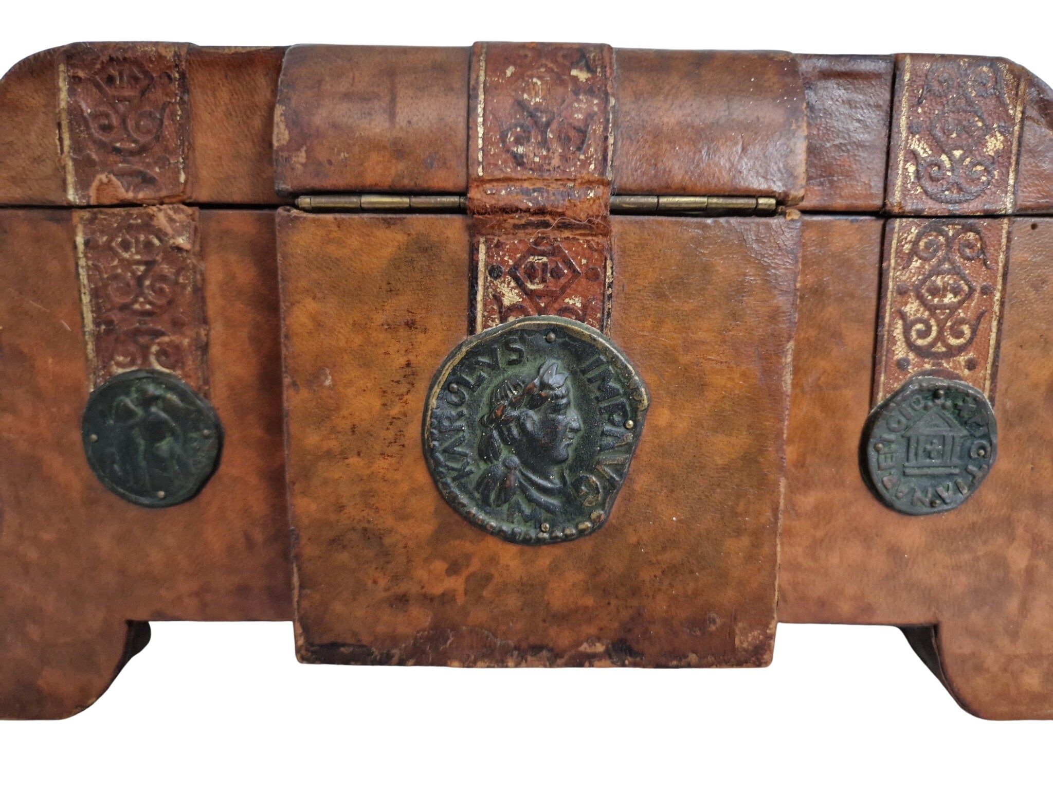 French Antique Leather Candy Box with Medals and Coins by La Marquise