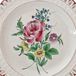 Hand Painted French Faience Plate with Roses and Lattice Cutwork Border, Country Kitchen Wall Hanging Decor image 8