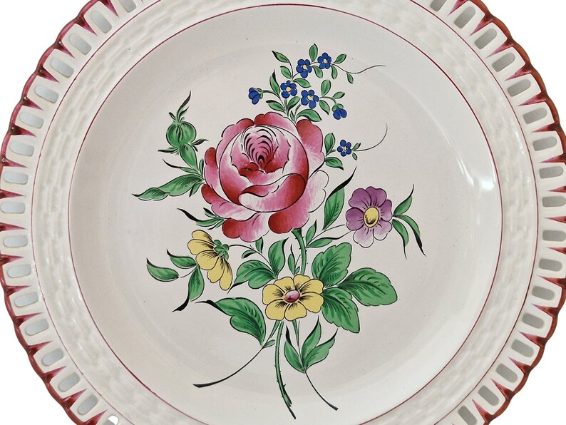 Hand Painted French Faience Plate with Roses and Lattice Cutwork Border, Country Kitchen Wall Hanging Decor image 8