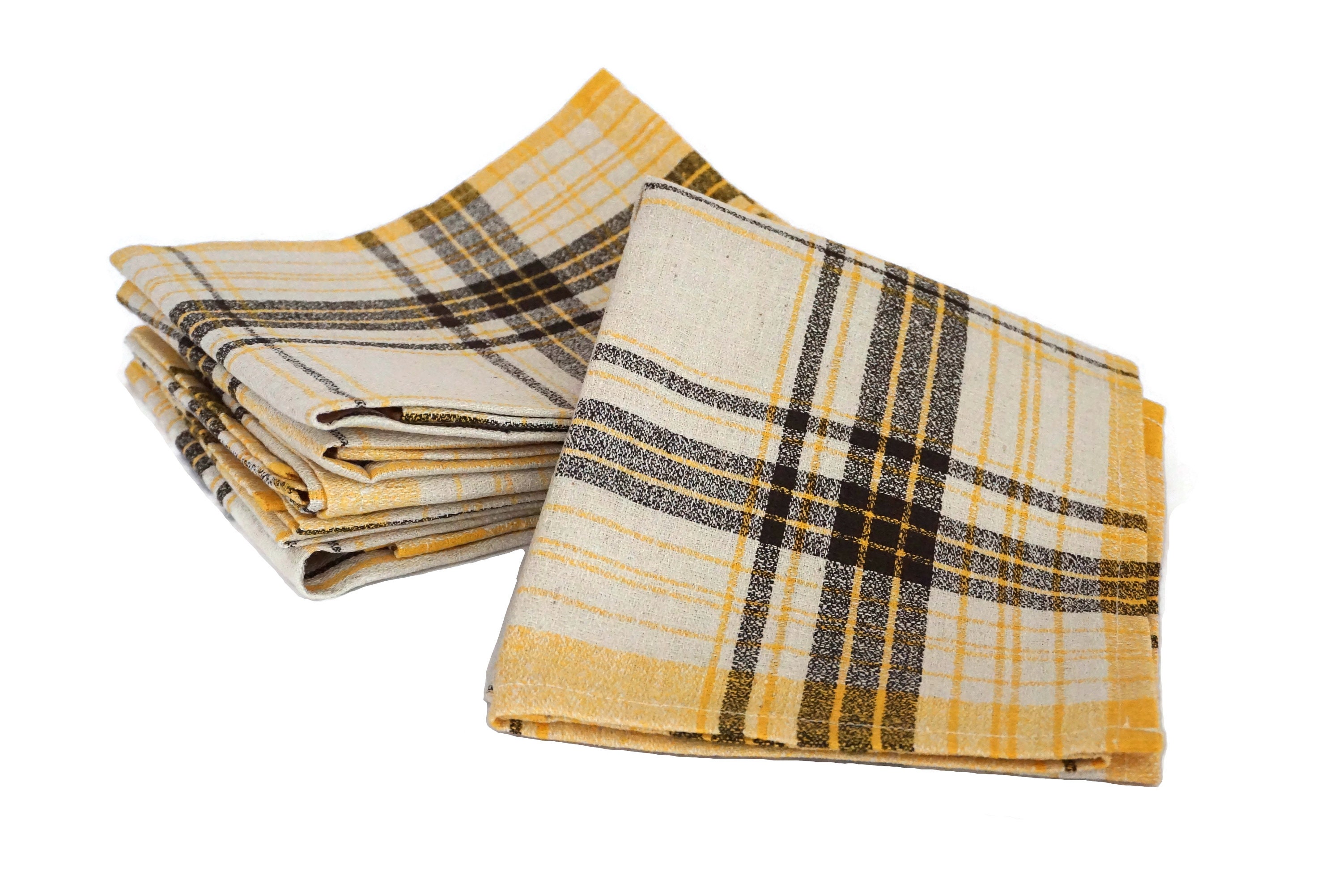 French Plaid Linen Napkins Set of 12, Mid Century Table Serviettes