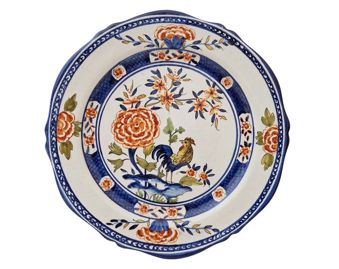 Hand Painted Rouen Faience Rooster Plate with Peonies, Rustic Farm Kitchen Wall Decor