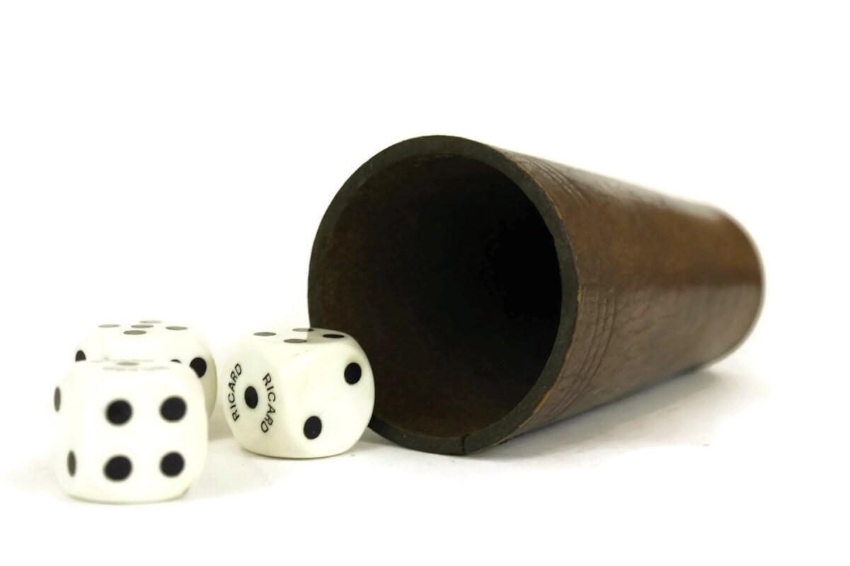 French Vintage Leather Dice Shaker Cup and Dice Set.
