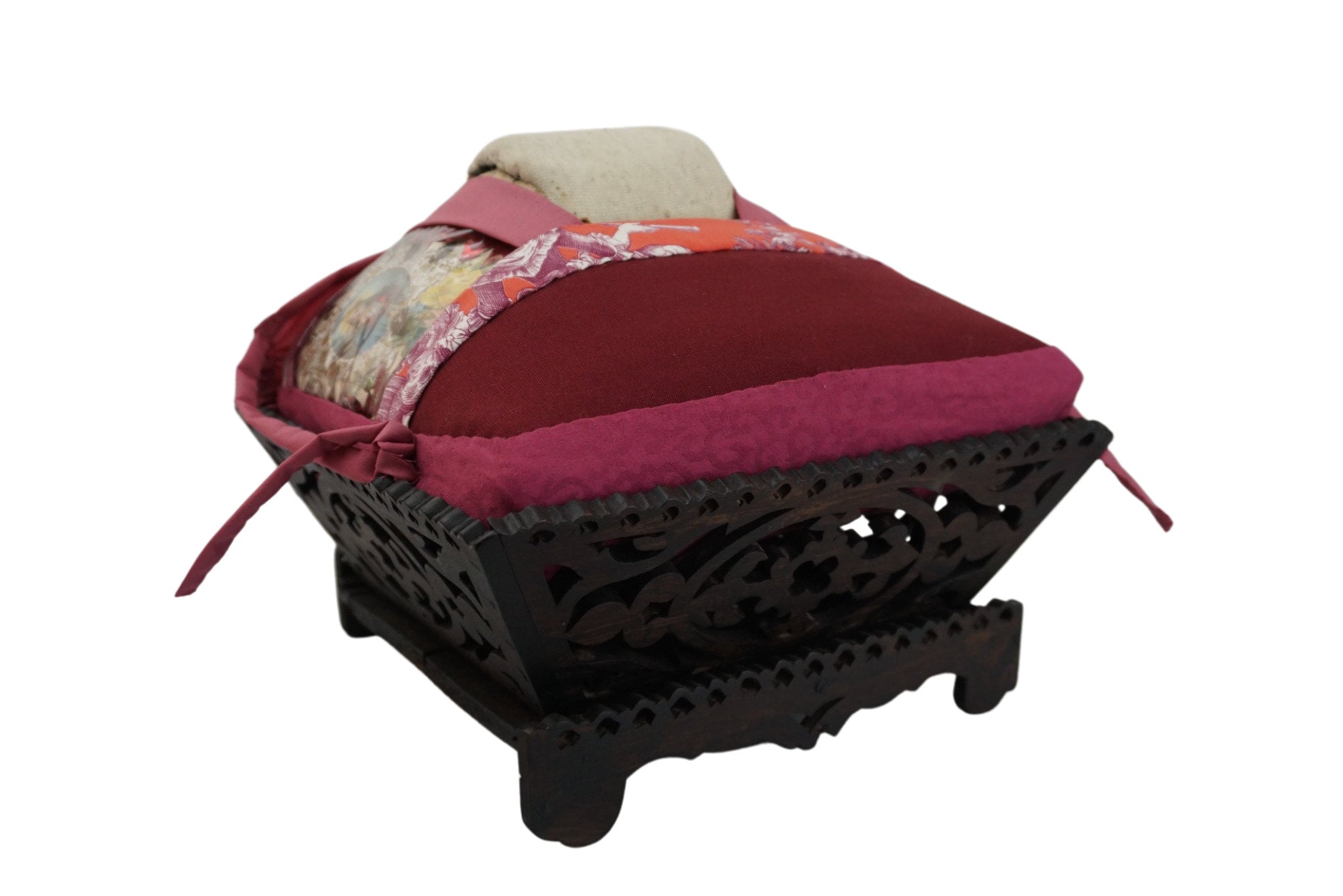 Antique French Lace Making Pillow with Wooden Bobbin Set and Carved