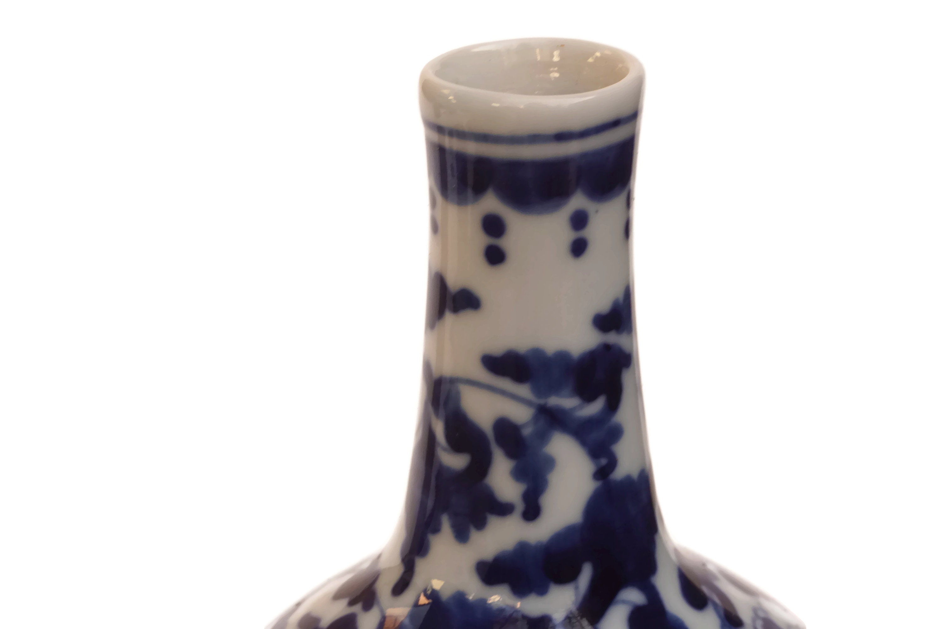 Vintage Japanese Tokkuri Sake Bottle, Hand Painted Blue and White