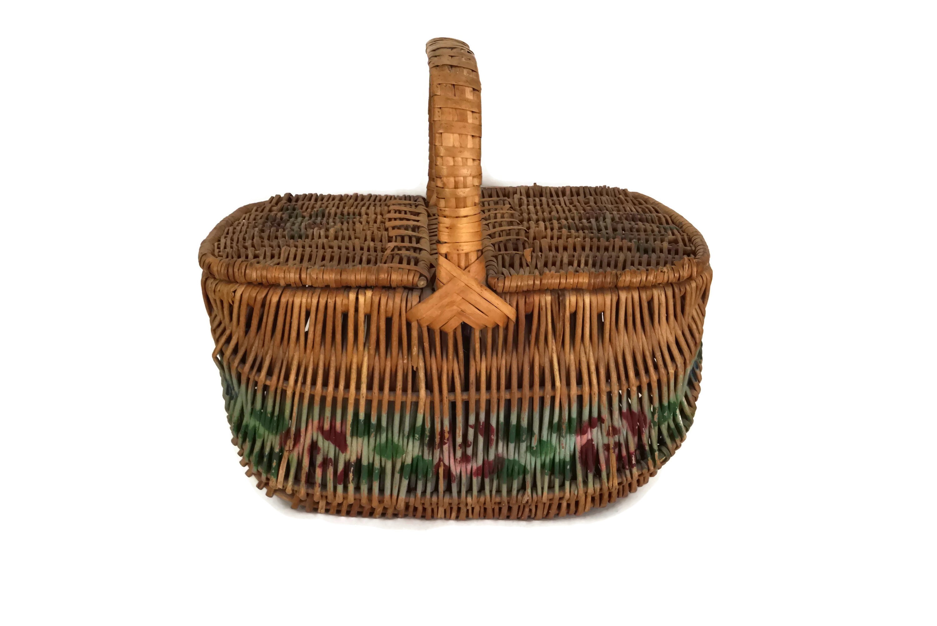 Rustic French Wicker Picnic Basket with Hand Painted Art Deco Flowers and Lid