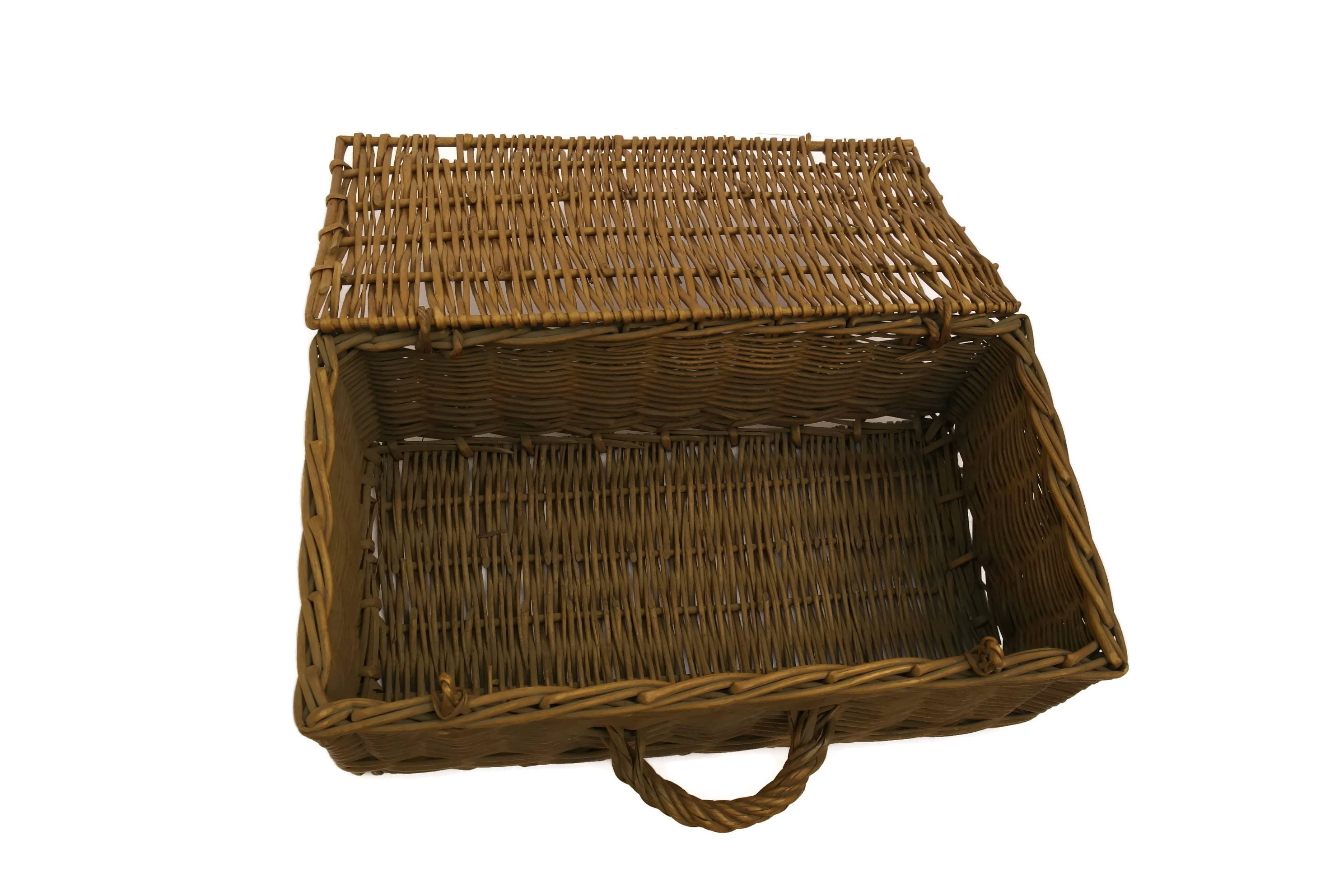 Antique French Wicker picnic Basket. Rustic Storage Basket with Lid and