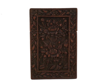 Antique Chinese Hand Carved Sandalwood Calling Card Case with Flowers, Victorian Wooden Box